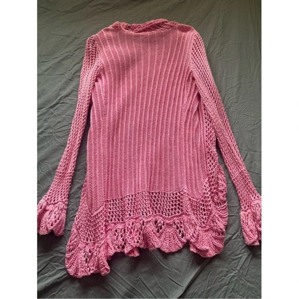 No Boundaries Pink Crochet Ruffle Open Front Cardigan Sweater Boho Y2K Size M
